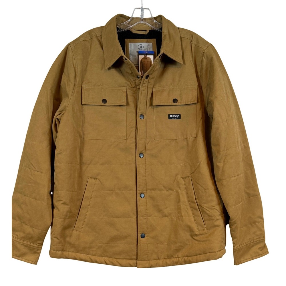 NWT •L• Hurley Tan Quilted Snap Front Shirt Chort Jacket Shacket Lined Insulated
